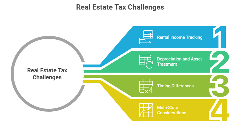 This image lists the four common challenges that CPA for real estate investors handle in Houston for clients often.