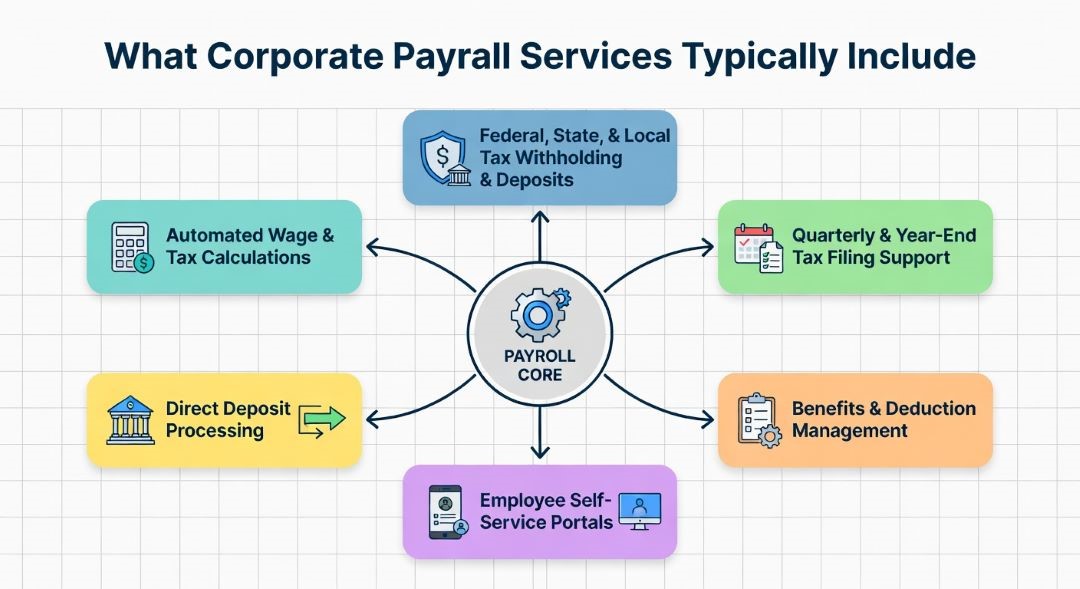This image lists the common corporate payroll services that are typically included for streamlining business operations