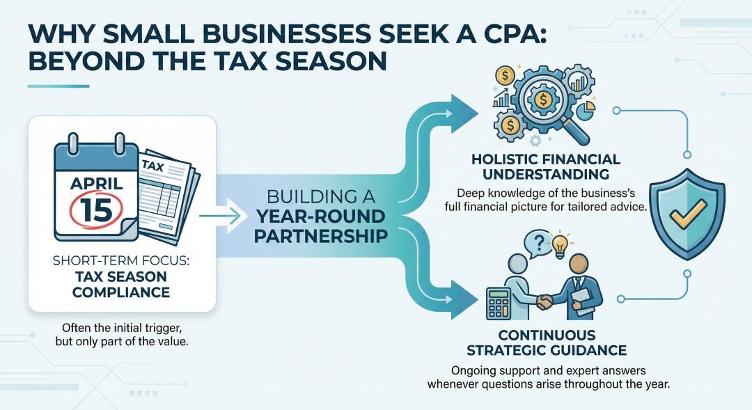 This image explains why owners consider hiring a CPA for a small business by discussing the top reasons.