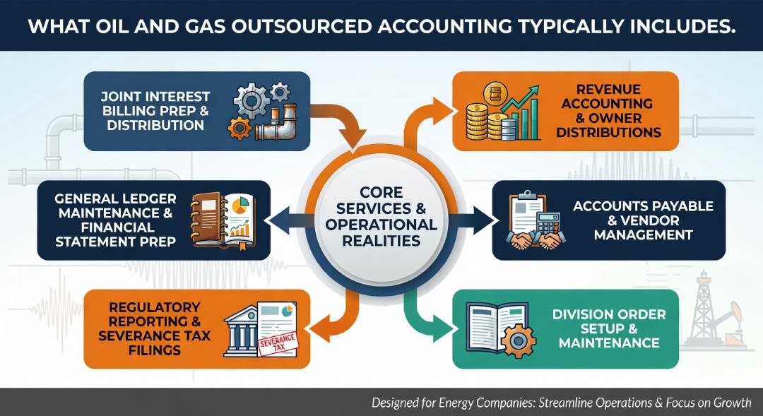 This image discusses what an oil and gas outsourced accounting service typically includes by listing a few of the areas.